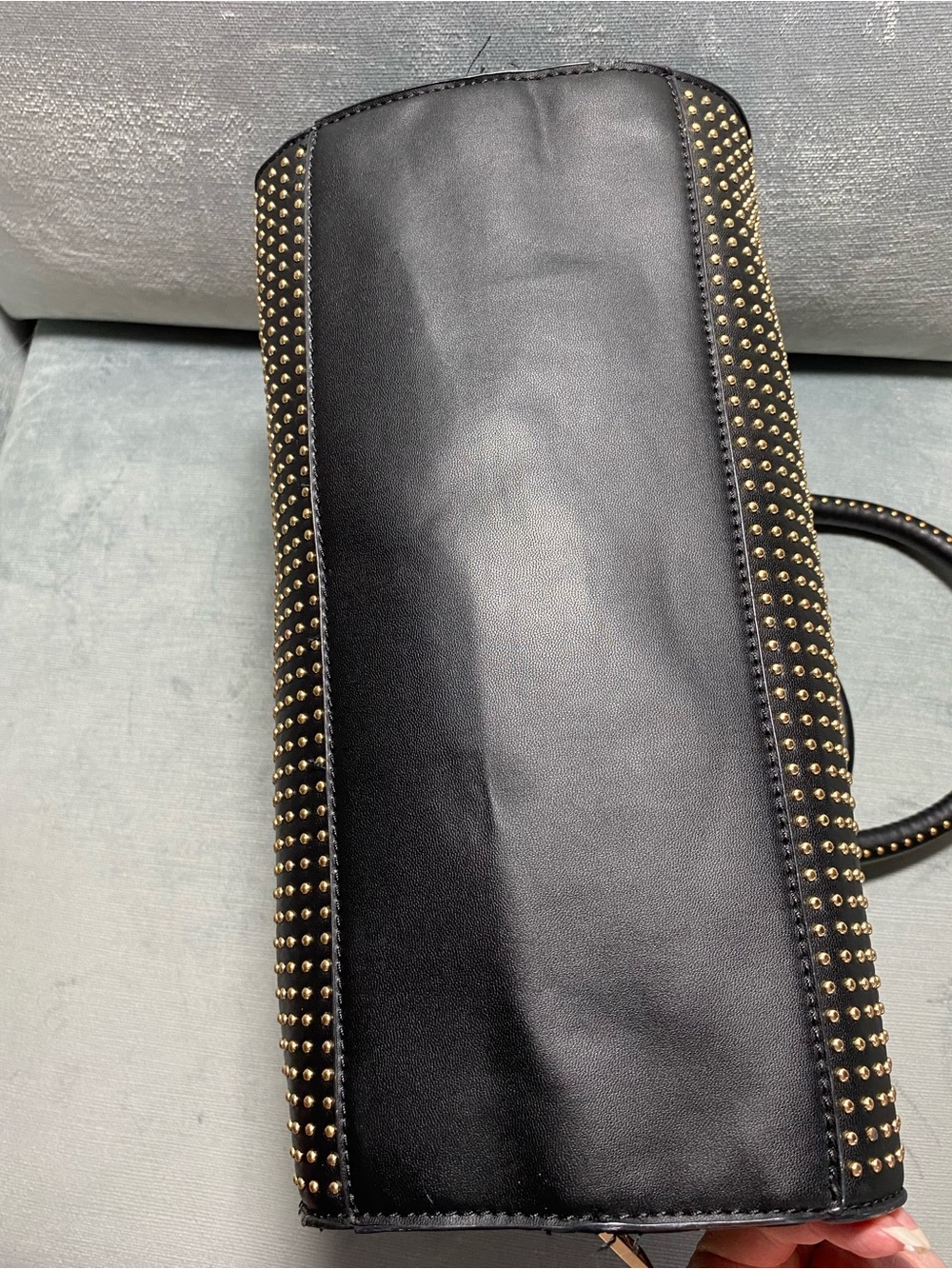 BCBG Paris Black Satchel with Gold Stud Accents, dual handles, EUC - Picture 8 of 17